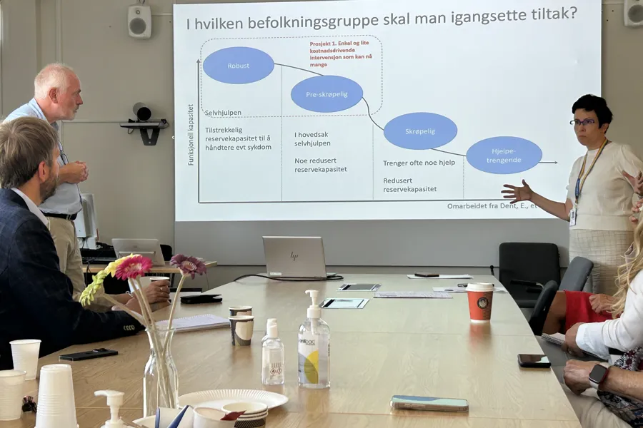 En gruppe mennesker som sitter ved et bord med en tavle