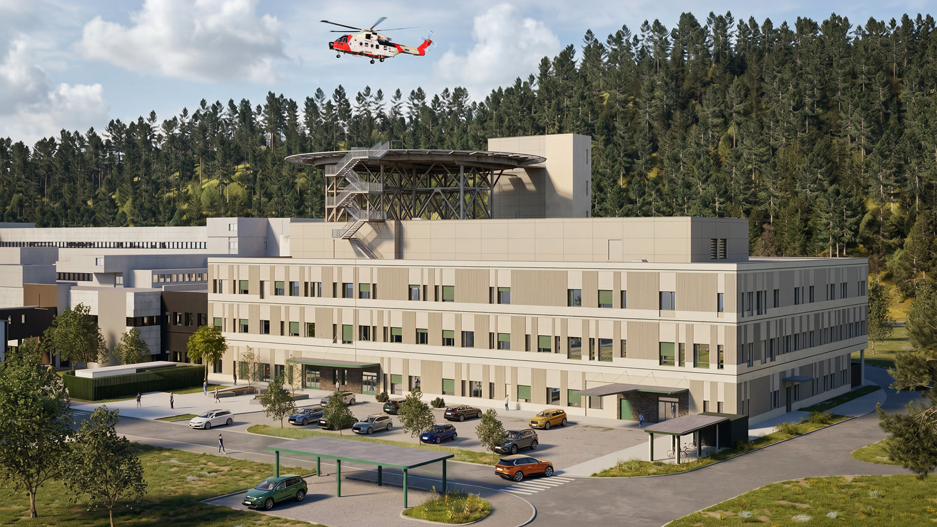 A helicopter flying over a building