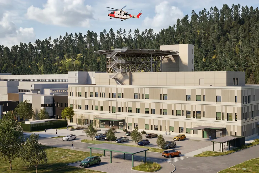 Tegning av en sykehusbygning med et helikopter som flyr over