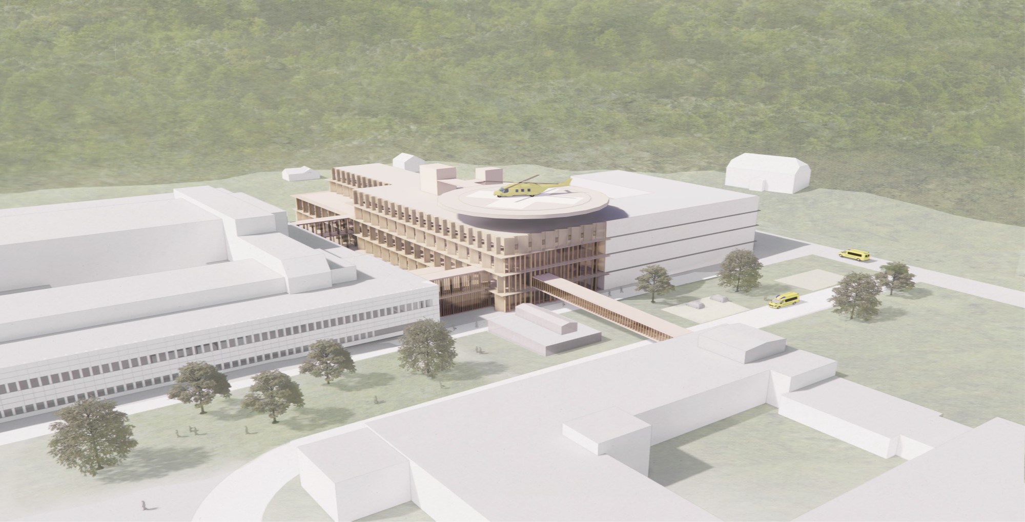 Bilde viser nytt akuttbygg i Kristiansand med ny landingplass for luftambulansen. Illustrasjon