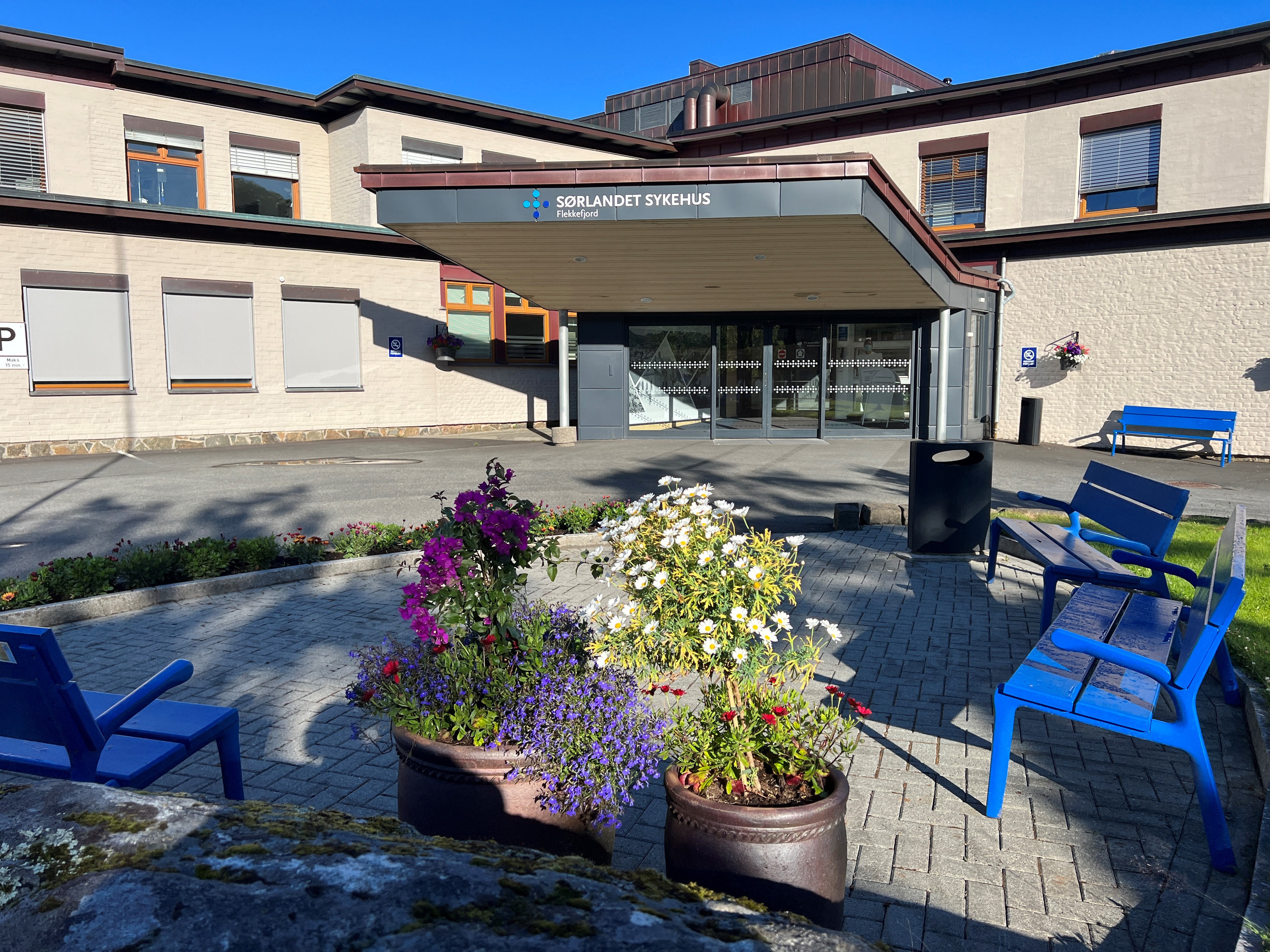 En uteplass med stoler og blomster