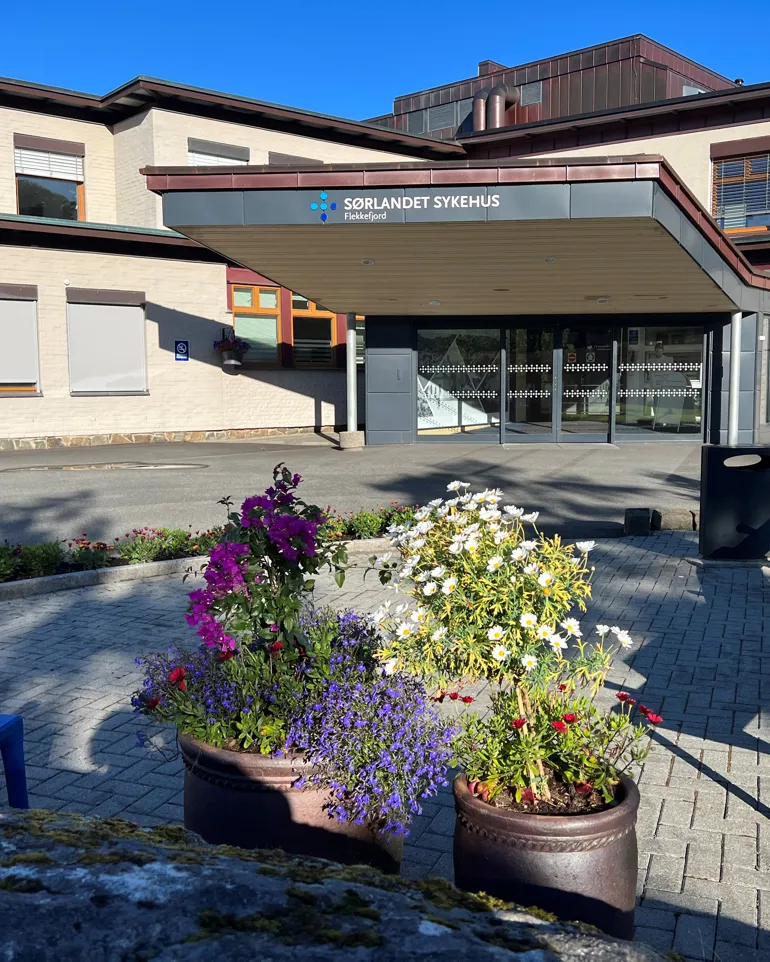 En uteplass med stoler og blomster