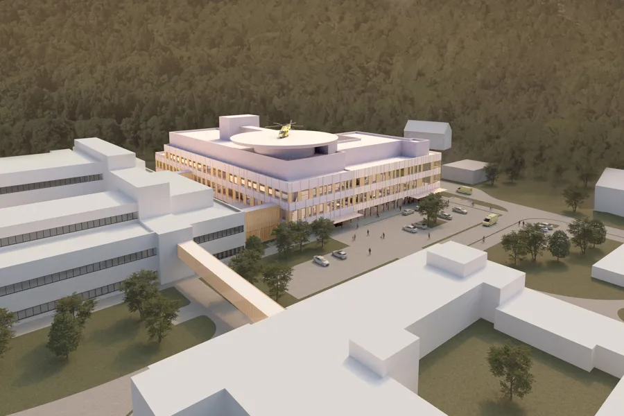 Det nye akuttbygget i Kristiansand med landingsplass for helikopter