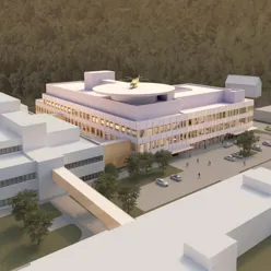 Teknisk tegning av nytt akuttbygg Kristiansand. Viser helikopterlandingsplass og byggets fasade.