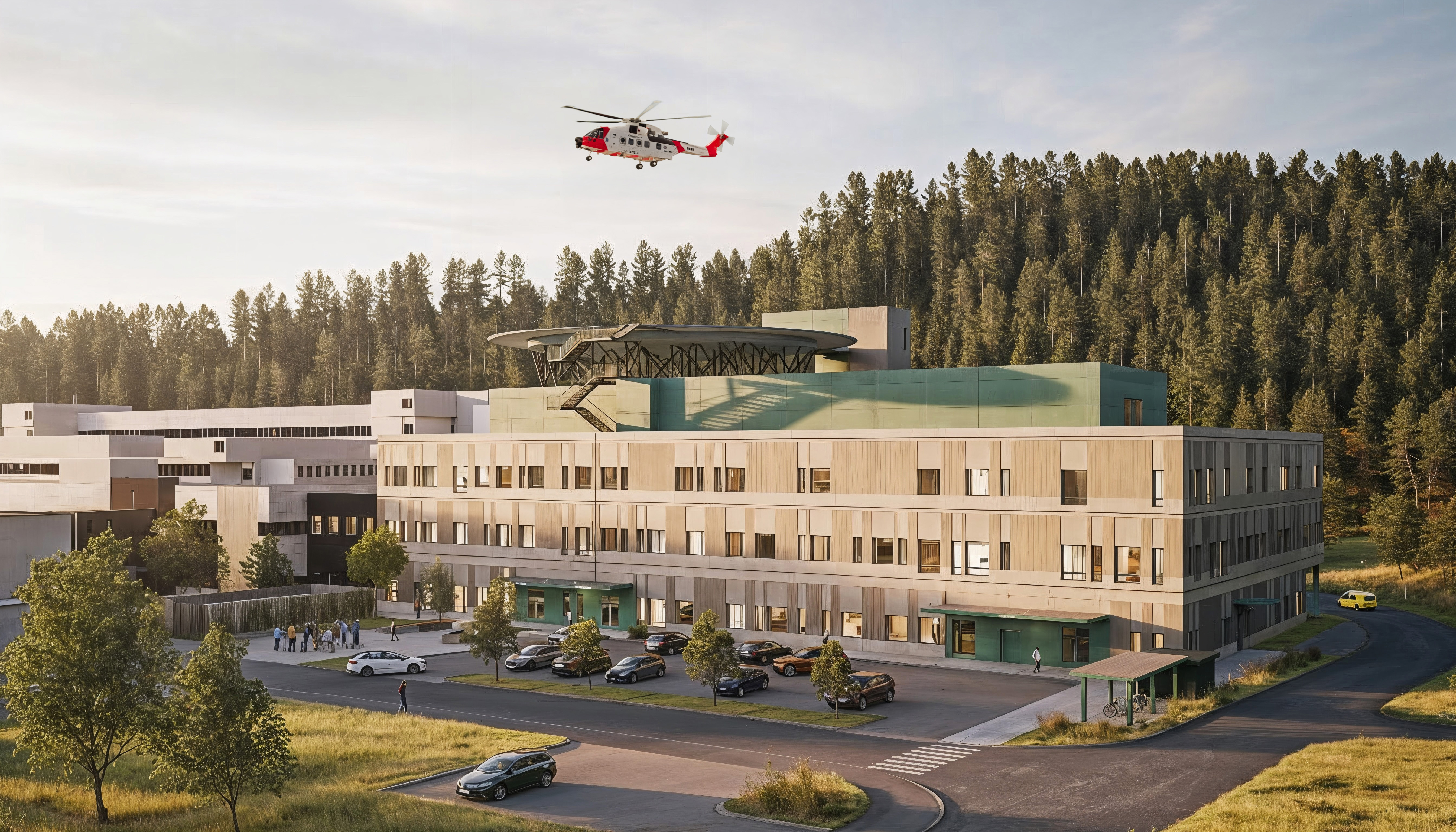 Skisse fasade sykehusbygg og helsehus med rødt helikopter i lufta