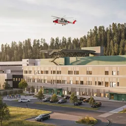 Skisse fasade sykehusbygg og helsehus med rødt helikopter i lufta