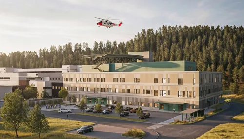 Skisse fasade sykehusbygg og helsehus med rødt helikopter i lufta