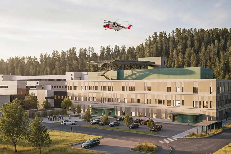 Skisse fasade sykehusbygg og helsehus med rødt helikopter i lufta